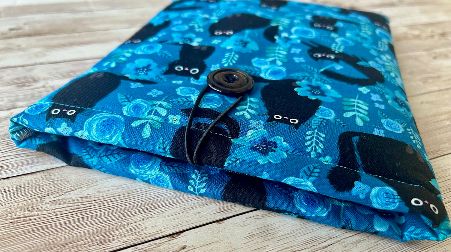 Black Cats on Blue Floral padded book/tablet sleeve