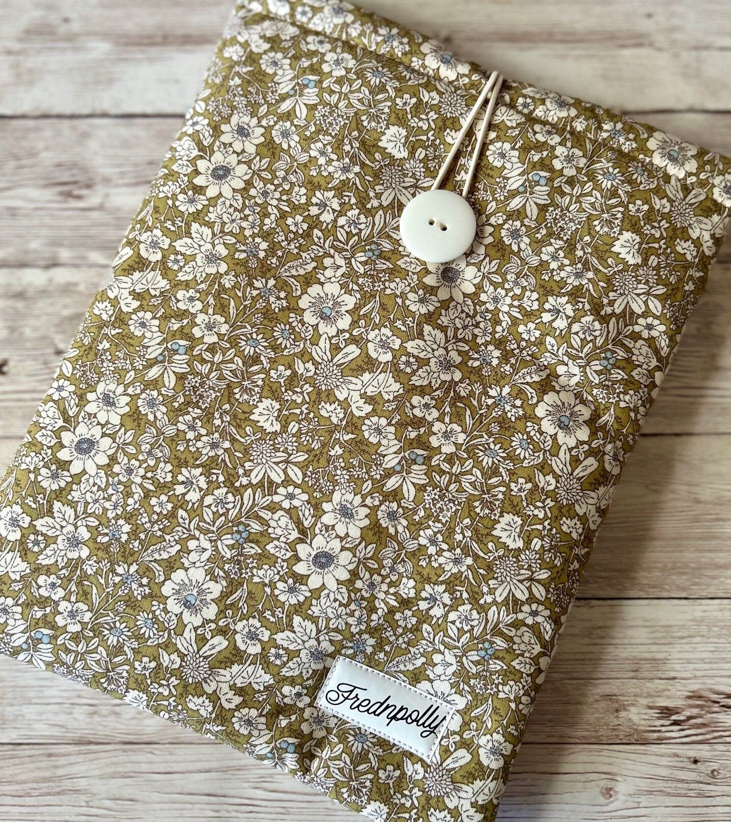 Olive Green White Floral padded book sleeve/tablet cover