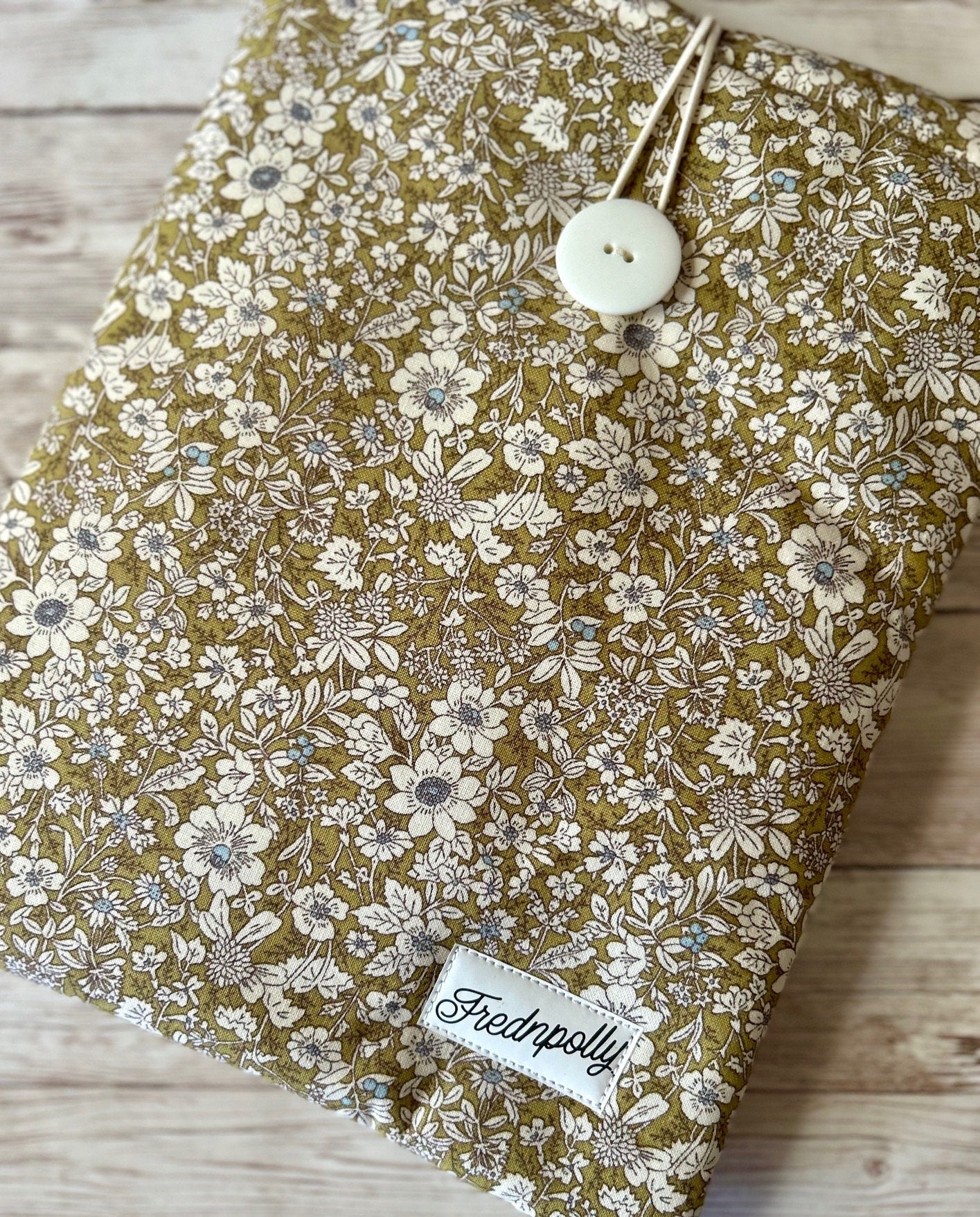 Olive Green White Floral padded book sleeve/tablet cover