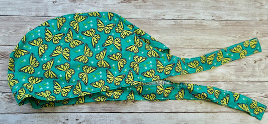 Aqua Yellow Butterflies Cotton Scrub Cap with Ties and optional buttons